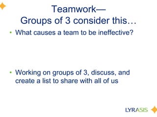 Teamwork—Groups of 3 consider this…What causes a team to be ineffective?Working on groups of 3, discuss, and create a list to share with all of us