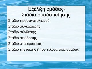 Εξέλιξη ομάδας-
       Στάδια ομαδοποίησης
Στάδιο προσανατολισμού
Στάδιο σύγκρουσης
Στάδιο σύνθεσης
Στάδιο απόδοσης
Στάδιο στασιμότητας
Στάδιο της λύσης ή του τελους μιας ομάδας


                                            4
 