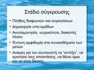 Στάδιο σύγκρουσης

    Πλήθος διαφωνιών και συγκούσεων

    Δημιουργία υπο-ομάδων

    Ανυπομονησία, νευρικότητα, διακοπές
    λόγου

    Έντονη αμφιθυμία στα συναισθήματα των
    μελών

    Ανάγκη για τον συντονιστή να “αντέξει”, να
    κρατήσει ίσες αποστάσεις, να θέσει όρια
    και να είναι δίκαιος
                                                 6
 