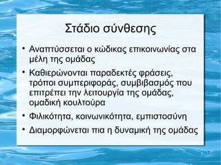Στάδιο σύνθεσης

    Αναπτύσσεται ο κώδικας επικοινωνίας στα
    μέλη της ομάδας

    Καθιερώνονται παραδεκτές φράσεις,
    τρόποι συμπεριφοράς, συμβιβασμός που
    επιτρέπει την λειτουργία της ομάδας,
    ομαδική κουλτούρα

    Φιλικότητα, κοινωνικότητα, εμπιστοσύνη

    Διαμορφώνεται πια η δυναμική της ομάδας

                                              7
 