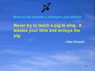 Never try to teach a pig to sing.  It wastes your time and annoys the pig. --Van Crouch Work on the member’s strengths and abilities 