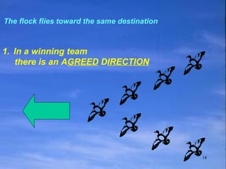 The flock flies toward the same destination In a winning team  there is an A GREED  D IRECTION 