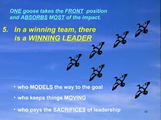 O NE  goose takes the F RONT   position and A BSORBS  M OST  of the impact. 5.  In a winning team, there is a W INNING  L EADER   who M ODELS  the way to the goal who keeps things M OVING who pays the S ACRIFICES  of leadership 