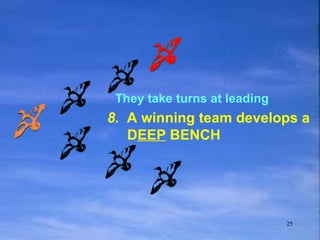 They take turns at leading 8.  A winning team develops a D EEP  BENCH 