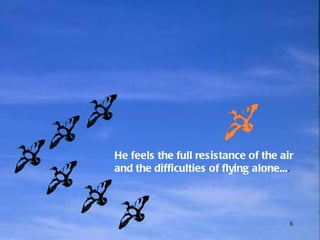 He feels the full resistance of the air  and the difficulties of flying alone... . 