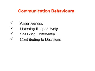 Communication Behaviours
 Assertiveness
 Listening Responsively
 Speaking Confidently
 Contributing to Decisions
 