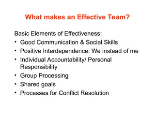 What makes an Effective Team?
Basic Elements of Effectiveness:
• Good Communication & Social Skills
• Positive Interdependence: We instead of me
• Individual Accountability/ Personal
Responsibility
• Group Processing
• Shared goals
• Processes for Conflict Resolution
 