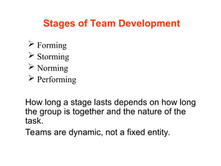 Stages of Team Development
 Forming
 Storming
 Norming
 Performing
How long a stage lasts depends on how long
the group is together and the nature of the
task.
Teams are dynamic, not a fixed entity.
 