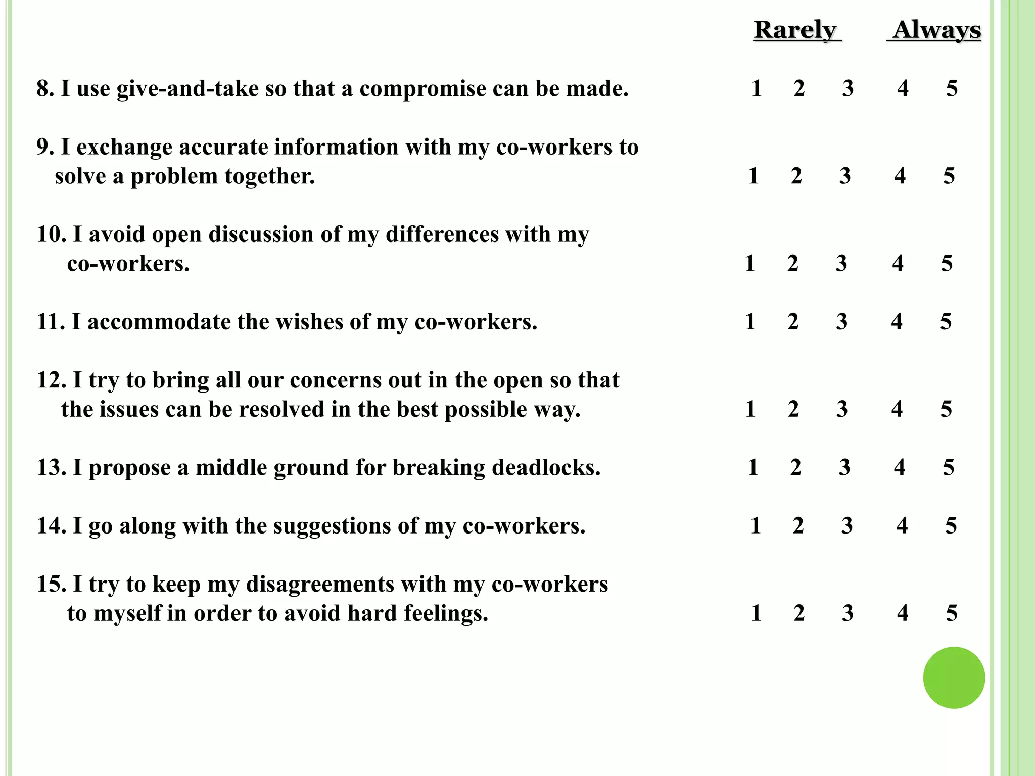 Rarely Always
8. I use give-and-take so that a compromise can be made. 1 2 3 4 5
9. I exchange accurate information with my co-workers to
solve a problem together. 1 2 3 4 5
10. I avoid open discussion of my differences with my
co-workers. 1 2 3 4 5
11. I accommodate the wishes of my co-workers. 1 2 3 4 5
12. I try to bring all our concerns out in the open so that
the issues can be resolved in the best possible way. 1 2 3 4 5
13. I propose a middle ground for breaking deadlocks. 1 2 3 4 5
14. I go along with the suggestions of my co-workers. 1 2 3 4 5
15. I try to keep my disagreements with my co-workers
to myself in order to avoid hard feelings. 1 2 3 4 5
 