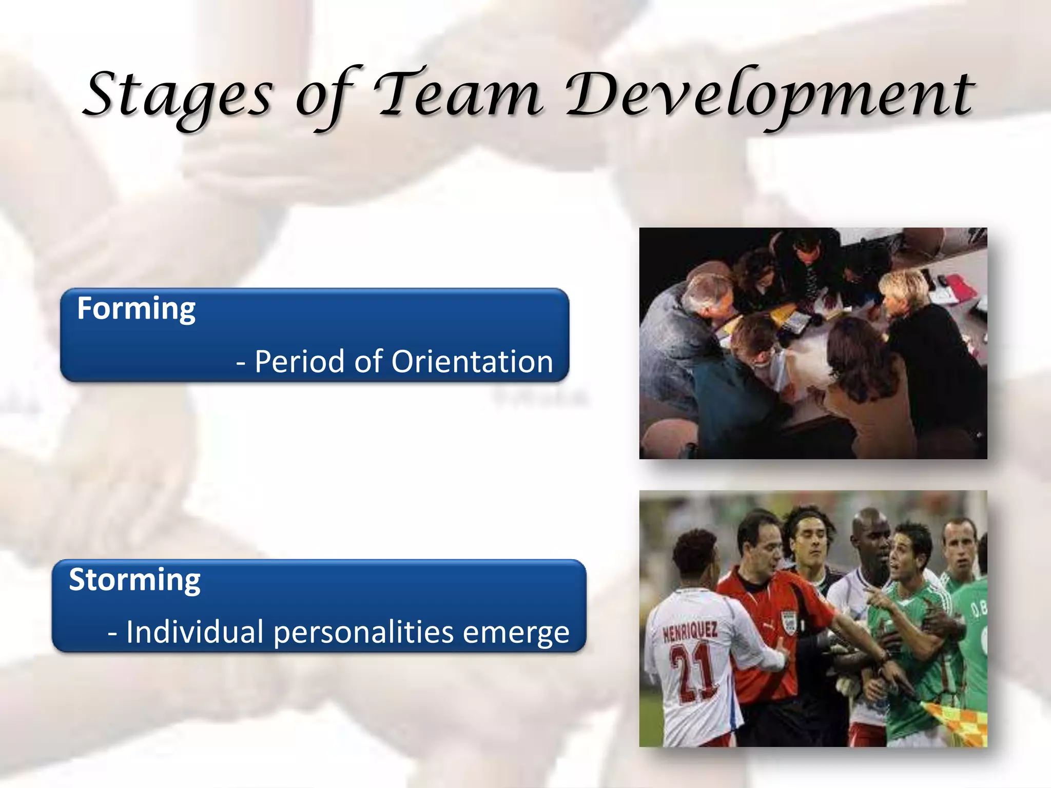Stages of Team Development


Forming
           - Period of Orientation




Storming
   - Individual personalities emerge
 