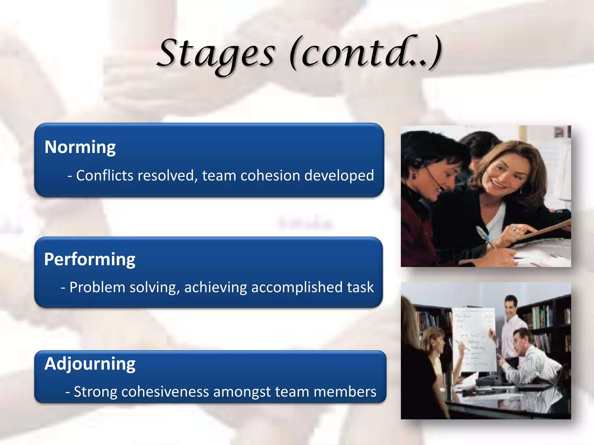 Stages (contd..)

Norming
  - Conflicts resolved, team cohesion developed




Performing
 - Problem solving, achieving accomplished task



Adjourning
  - Strong cohesiveness amongst team members
 