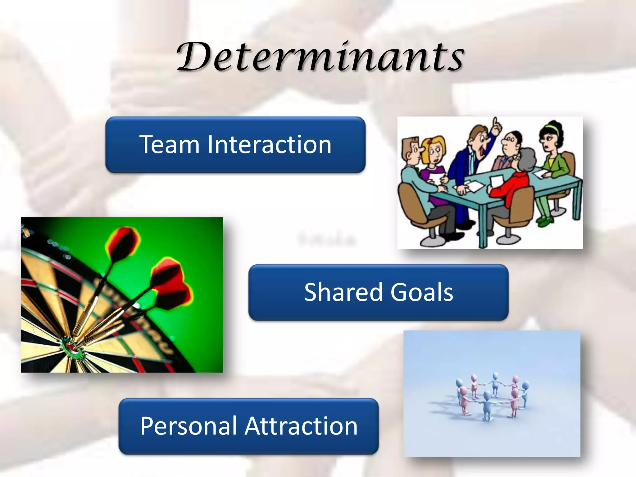 Determinants

Team Interaction




              Shared Goals



Personal Attraction
 
