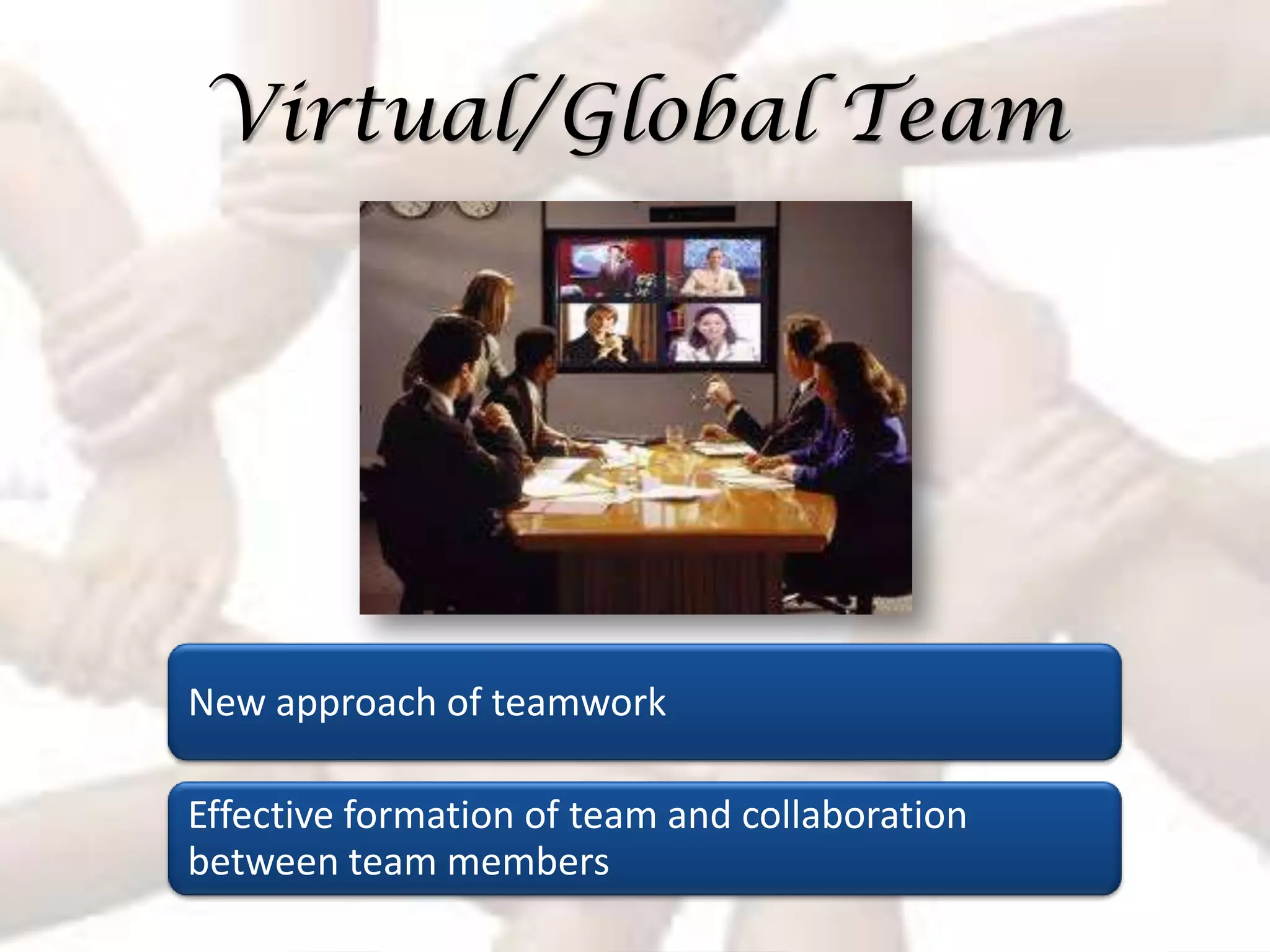 Virtual/Global Team




New approach of teamwork

Effective formation of team and collaboration
between team members
 