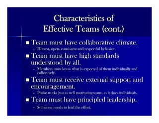 Characteristics ofCharacteristics of
Effective Teams (cont.)Effective Teams (cont.)
 Team must have collaborative climate.Team must have collaborative climate.
–– Honest, open, consistent and respectful behavior.Honest, open, consistent and respectful behavior.
 Team must have high standardsTeam must have high standards
understood by all.understood by all.
–– Members must know what is expected of them individually andMembers must know what is expected of them individually and
collectively.collectively.
 Team must receive external support andTeam must receive external support and
encouragement.encouragement.
–– Praise works just as well motivating teams as it does individualPraise works just as well motivating teams as it does individuals.s.
 Team must have principled leadership.Team must have principled leadership.
–– Someone needs to lead the effort.Someone needs to lead the effort.
 