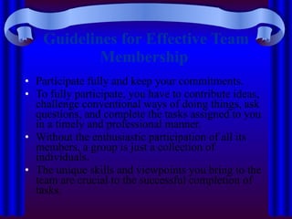 Guidelines for Effective Team Membership   Participate fully and keep your commitments.  To fully participate, you have to contribute ideas, challenge conventional ways of doing things, ask questions, and complete the tasks assigned to you in a timely and professional manner.  Without the enthusiastic participation of all its members, a group is just a collection of individuals.  The unique skills and viewpoints you bring to the team are crucial to the successful completion of tasks.  