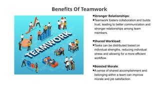 Benefits Of Teamwork
￭Stronger Relationships:
￭Teamwork fosters collaboration and builds
trust, leading to better communication and
stronger relationships among team
members.
￭Shared Workload:
￭Tasks can be distributed based on
individual strengths, reducing individual
stress and allowing for a more efficient
workflow.
￭Boosted Morale:
￭A sense of shared accomplishment and
belonging within a team can improve
morale and job satisfaction.
 