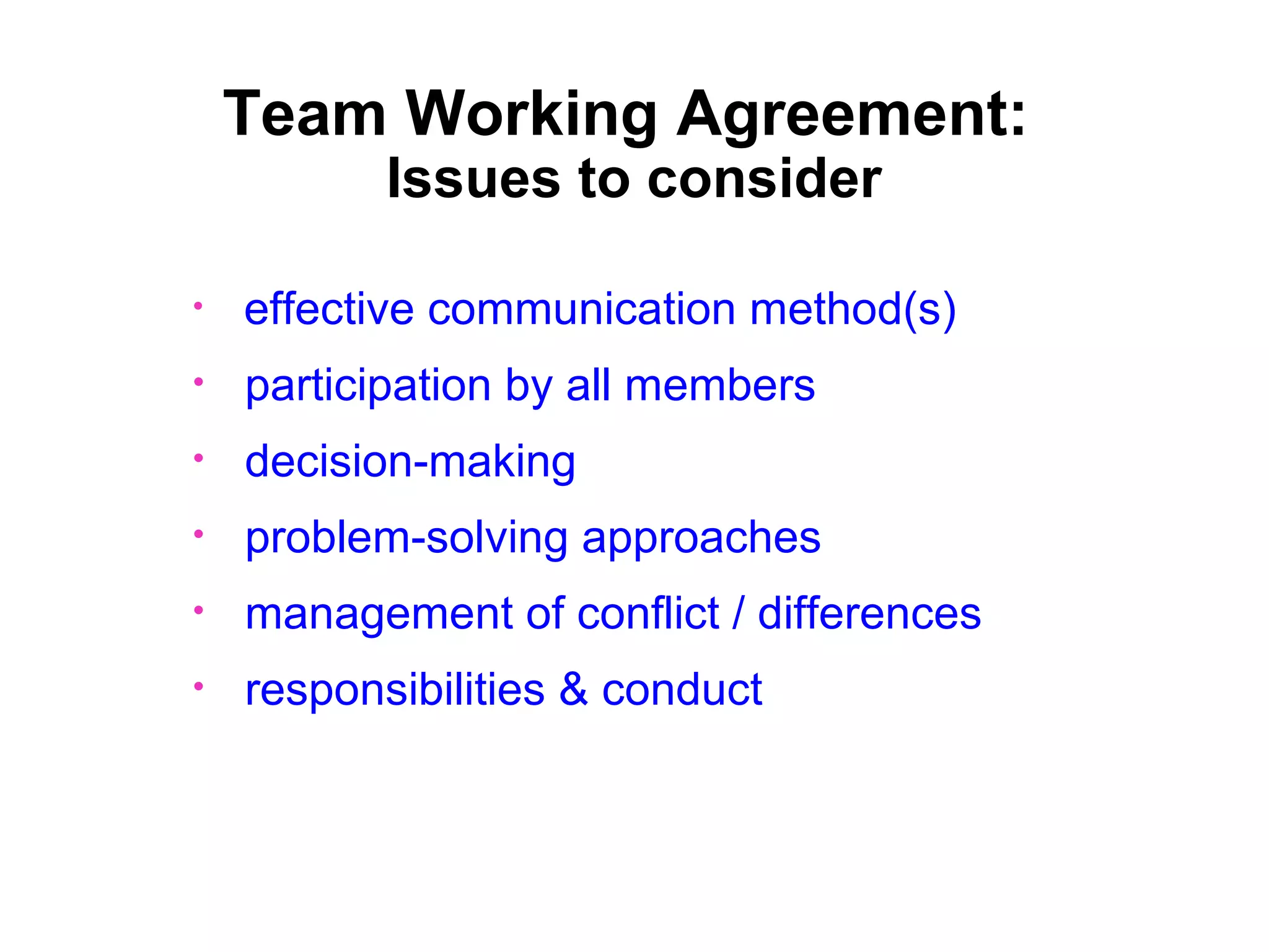 Team Working Agreement
Key points:
•

•

Each team member needs to input

•

A chance for all members to voice their opinions

•

19

Tailor to meet the specific needs of your team
members

All members will be accountable for statements
in the agreement

 