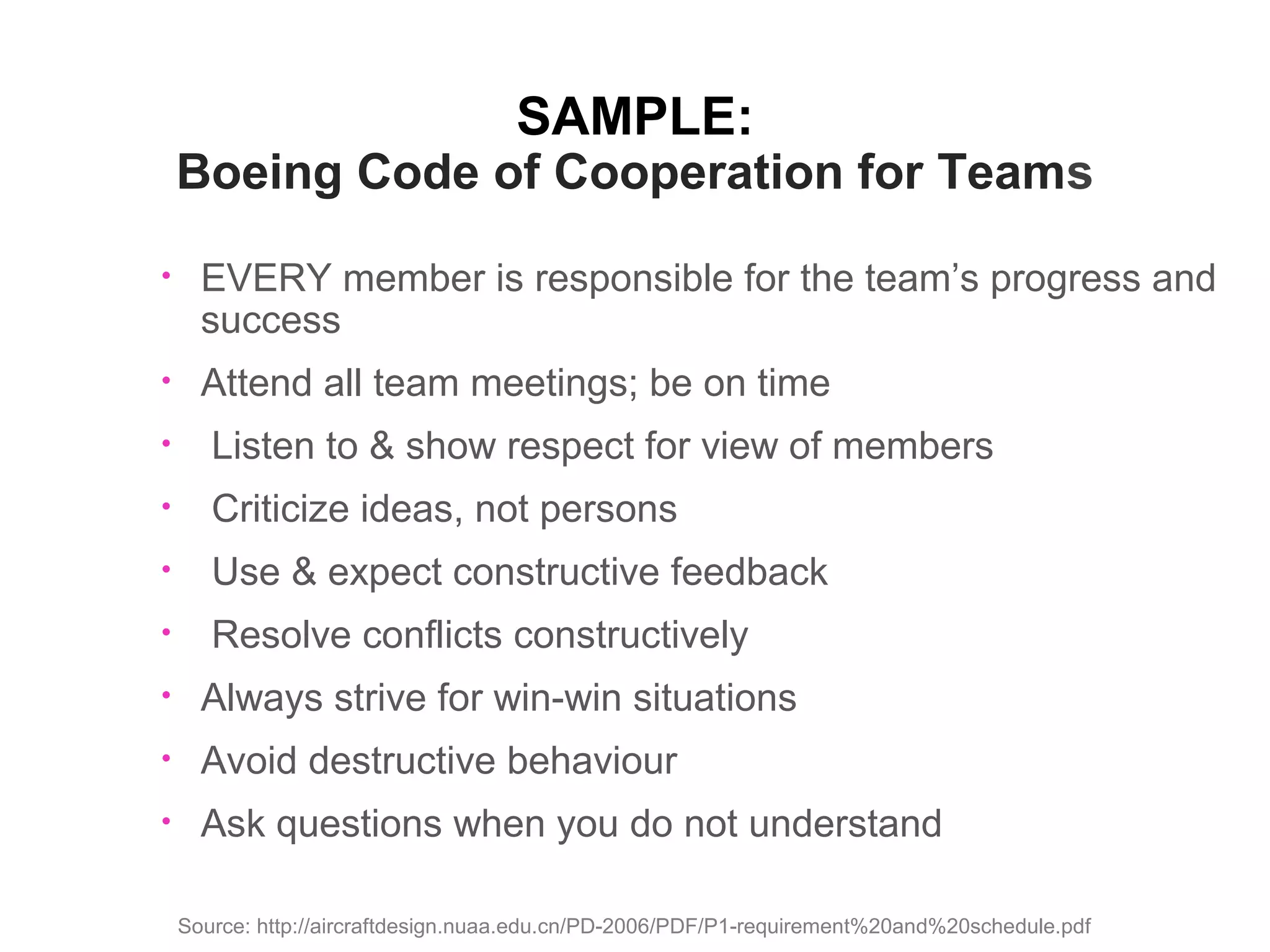 Team Working Agreement:
Issues to consider

•

•

participation by all members

•

decision-making

•

problem-solving approaches

•

management of conflict / differences

•

20

effective communication method(s)

responsibilities & conduct

 