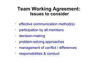 Team Working Agreement
Key points:
•

•

Each team member needs to input

•

A chance for all members to voice their opinions

•

19

Tailor to meet the specific needs of your team
members

All members will be accountable for statements
in the agreement

 