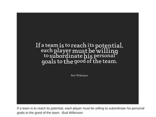 If a team is to reach its potential, each player must be willing to subordinate his personal
goals to the good of the team. -Bud Wilkinson
 