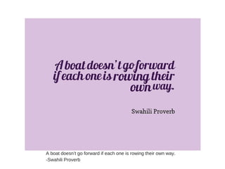 A boat doesn’t go forward if each one is rowing their own way.
-Swahili Proverb
 