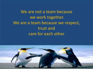 We are not a team because
we work together.
We are a team because we respect,
trust and
care for each other
 
