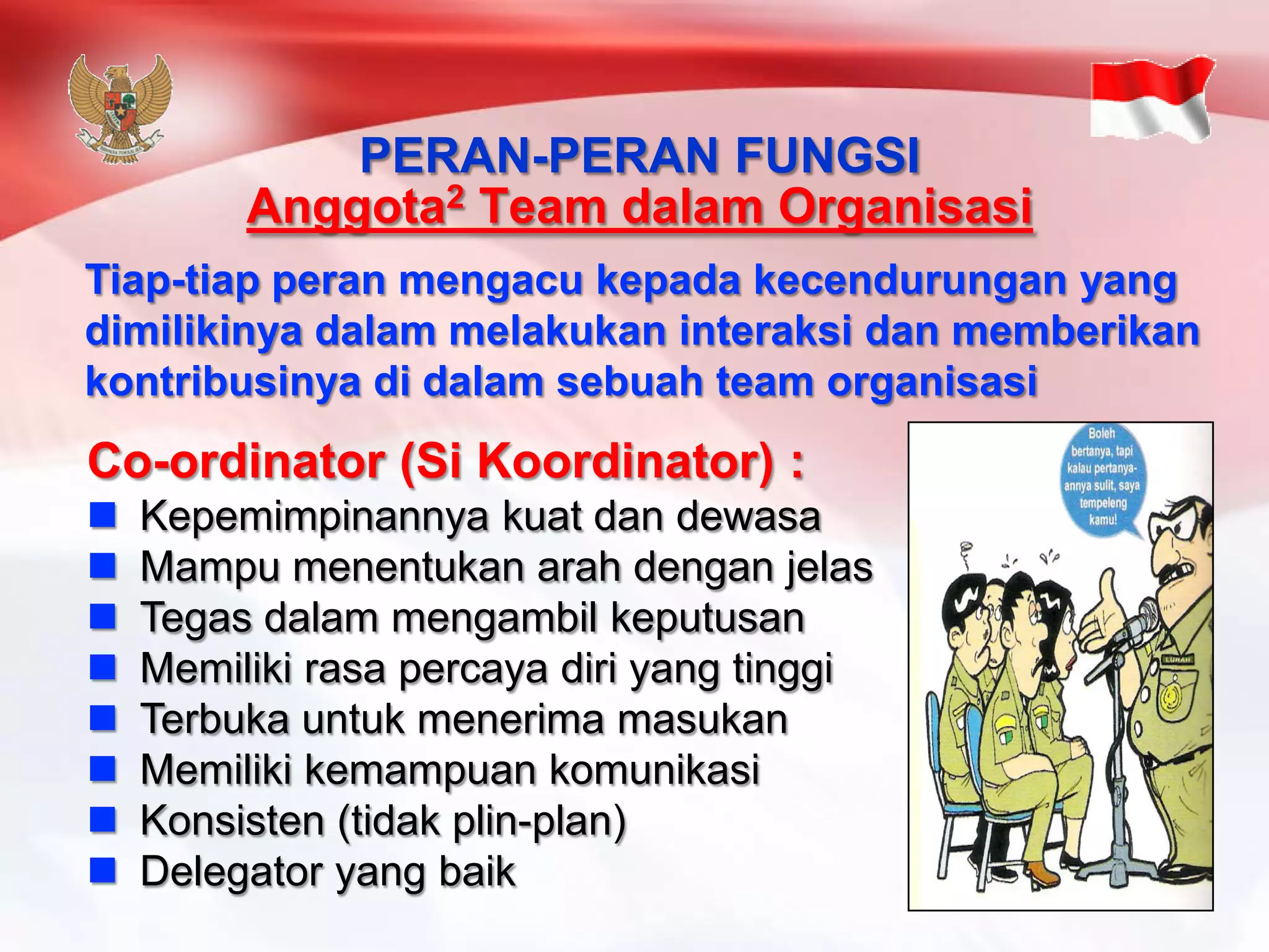 Tiap-tiapperanmengacukepadakecendurunganyang dimilikinyadalammelakukaninteraksidanmemberikankontribusinyadidalamsebuahteam organisasiCo-ordinator(Si Koordinator) : 
Kepemimpinannyakuatdandewasa 
Mampumenentukanarahdenganjelas 
Tegasdalammengambilkeputusan 
Memilikirasa percayadiriyang tinggi 
Terbuka untukmenerimamasukan 
Memilikikemampuankomunikasi 
Konsisten(tidakplin-plan) 
Delegator yang baikPERAN-PERAN FUNGSIAnggota2Team dalamOrganisasi  