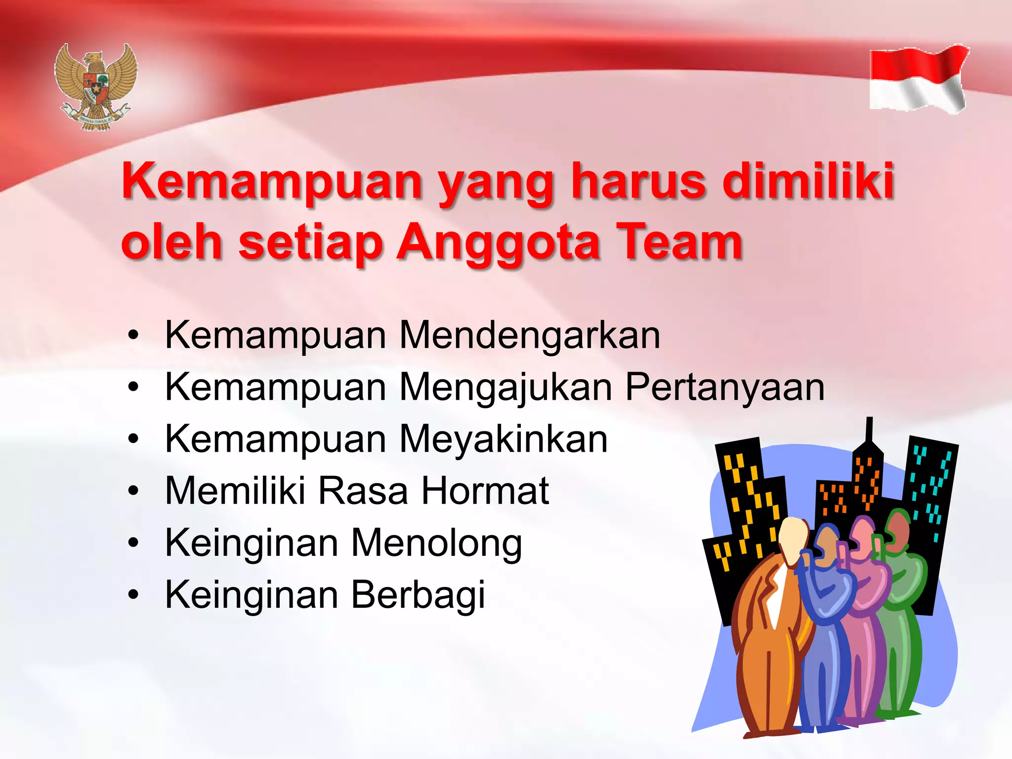 • Kemampuan Mendengarkan 
• Kemampuan Mengajukan Pertanyaan 
• Kemampuan Meyakinkan 
• Memiliki Rasa Hormat 
• Keinginan Menolong 
• Keinginan Berbagi 
Kemampuan yang harus dimiliki 
oleh setiap Anggota Team 
 