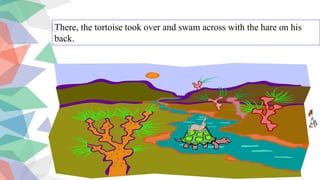 There, the tortoise took over and swam across with the hare on his
back.
 
