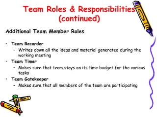Team Roles & Responsibilities
(continued)
Additional Team Member Roles
• Team Recorder
– Writes down all the ideas and material generated during the
working meeting
• Team Timer
– Makes sure that team stays on its time budget for the various
tasks
• Team Gatekeeper
– Makes sure that all members of the team are participating

 
