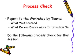 Process Check
• Report to the Workshop by Teams:
– What Was Learned
– What Do You Desire More Information On

• Do the following process check for this
session

 