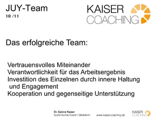 JUY-Team 4/11 Definition von Team: Ein Team  ist ein Zusammenschluss von mehreren Personen zur Lösung einer bestimmten Aufgabe oder zur Erreichung eines bestimmten Zieles. 