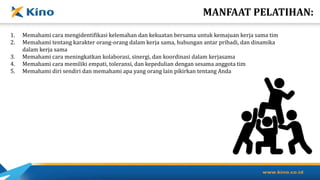 1. Memahami cara mengidentifikasi kelemahan dan kekuatan bersama untuk kemajuan kerja sama tim
2. Memahami tentang karakter orang-orang dalam kerja sama, hubungan antar pribadi, dan dinamika
dalam kerja sama
3. Memahami cara meningkatkan kolaborasi, sinergi, dan koordinasi dalam kerjasama
4. Memahami cara memiliki empati, toleransi, dan kepedulian dengan sesama anggota tim
5. Memahami diri sendiri dan memahami apa yang orang lain pikirkan tentang Anda
MANFAAT PELATIHAN:
 