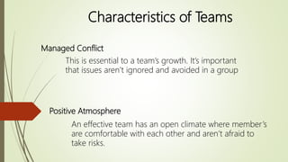Managed Conflict
This is essential to a team’s growth. It’s important
that issues aren’t ignored and avoided in a group
Positive Atmosphere
An effective team has an open climate where member’s
are comfortable with each other and aren’t afraid to
take risks.
Characteristics of Teams
 