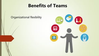 Organizational flexibility
Benefits of Teams
 