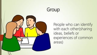 Group
People who can identify
with each other(sharing
ideas, beliefs or
experiences of common
areas)
 