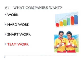 #1 – WHAT COMPANIES WANT?
 WORK
 HARD WORK
 SMART WORK
 TEAM WORK
 