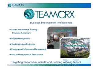 The 5S Journey



                                  Business Improvement Professionals

   Lean Consultancy & Training
                                                                         Lean Office
     Business Turnaround


   Project Management
                                                                                              Lean
   Waste & Carbon Reduction
                                                                                           Manufacturing
   Fusionworx Performance Management

   Interim Management & Recruitment



   Targeting bottom-line results and building winning teams
Recruitment & Interim   Lean Consultancy & Training          Fusionworx Performance Management   www.teamworx.uk.com
 