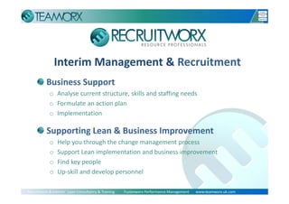 Interim Management & Recruitment
           Business Support
            o Analyse current structure, skills and staffing needs
            o Formulate an action plan
            o Implementation

           Supporting Lean & Business Improvement
            o    Help you through the change management process
            o    Support Lean implementation and business improvement
            o    Find key people
            o    Up‐skill and develop personnel

                                                                                                                           Slide 6
Recruitment & Interim   Lean Consultancy & Training          Fusionworx Performance Management       www.teamworx.uk.com
 