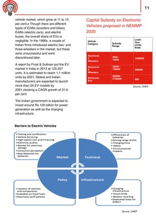 11
Capital Subsidy on Electronic
Vehicles proposed in NEMMP
2020
Barriers to Electric Vehicles
Vehicle
Category Subsidy
Range
Limit/
Year
(Units
Sold)
Electronic
2
Wheelers
5000 -
15000
1000000
Electronic
4
Wheelers
25000 -
150000 200000
Electronic
Bus
500000 -
3700000 900
vehicle market, which grew at 11 to 13
per cent.x Though there are different
types of E2Ws (scooters and bikes),
E4Ws (electric cars), and electric
buses, the overall share of EVs is
negligible. In the 1990s, a couple of
Indian ﬁrms introduced electric two- and
three-wheelers in the market, but these
were unsuccessful and were
discontinued later.
A report by Frost & Sullivan put the EV
market in India in 2013 at 125,257
units. It is estimated to reach 1.1 million
units by 2021, Global and Indian
manufacturers are expected to launch
more than 25 EV models by
2021.clocking a CAGR growth of 31.6
per cent.
The Indian government is expected to
invest around Rs 120 billion for power
generation as well as the charging
infrastructure.
Source: UNEP
Source: UNEP
 