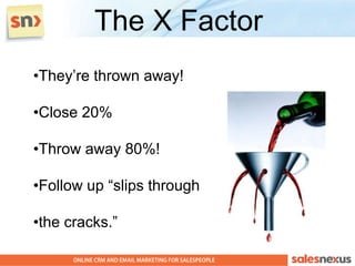 The X Factor
•They’re thrown away!

•Close 20%

•Throw away 80%!

•Follow up “slips through

•the cracks.”
 
