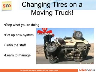 Changing Tires on a
               Moving Truck!
•Stop what you’re doing


•Set up new system


•Train the staff


•Learn to manage
 