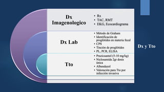 Dx y Tto
Dx
Imagenologico
Dx Lab
Tto
• Rx
• TAC, RMT
• EKG, Ecocardiograma
• Método de Graham
• Identificación de
proglótides en materia fecal
• CPS
• Tinción de proglótides
• PL, PCR, ELISA
• Prazicuantel (5-10 mg/kg)
• Niclosamida 2gr dosis
única
• Albendazol
• Valoración para Tto por
infección invasiva
 