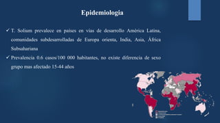  T. Solium prevalece en países en vías de desarrollo América Latina,
comunidades subdesarrolladas de Europa orienta, India, Asia, África
Subsahariana
 Prevalencia 0.6 casos/100 000 habitantes, no existe diferencia de sexo
grupo mas afectado 15-44 años
Epidemiologia
 