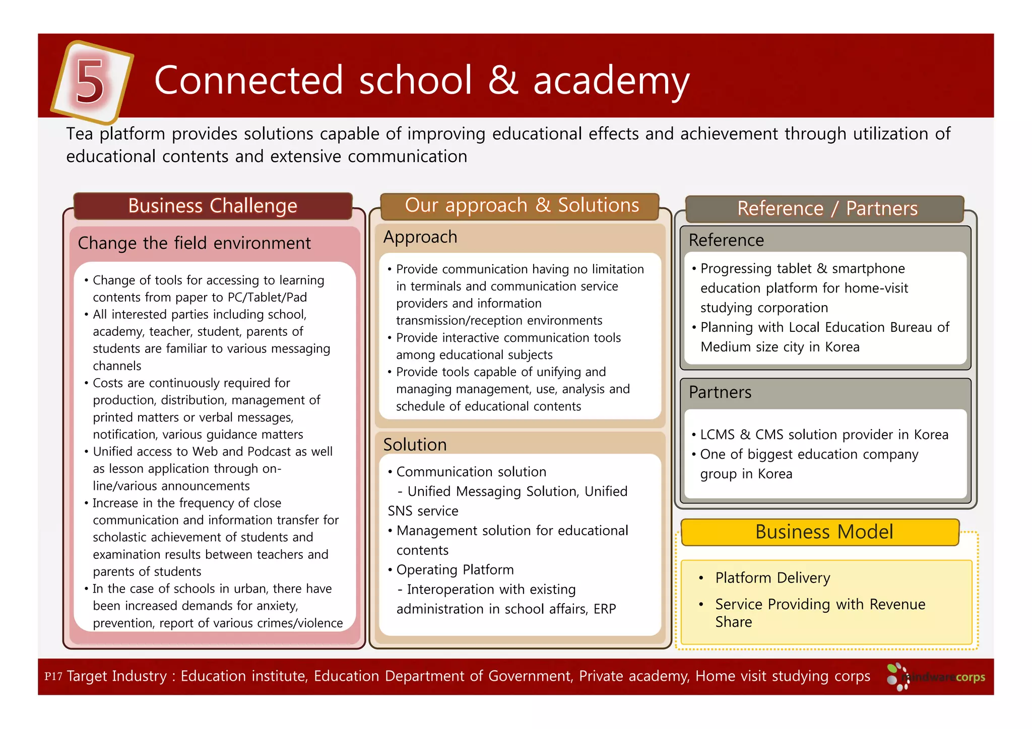 Connected school & academy
      Tea platform provides solutions capable of improving educational effects and achievement through utilization of
      educational contents and extensive communication

               Business Challenge                           Our approach & Solutions                            Reference / Partners
       Change the field environment                       Approach                                       Reference
                                                          • Provide communication having no limitation   • Progressing tablet & smartphone
        • Change of tools for accessing to learning         in terminals and communication service         education platform for home-visit
          contents from paper to PC/Tablet/Pad
                                                            providers and information                      studying corporation
        • All interested parties including school,          transmission/reception environments
          academy, teacher, student, parents of                                                          • Planning with Local Education Bureau of
                                                          • Provide interactive communication tools
          students are familiar to various messaging                                                       Medium size city in Korea
                                                            among educational subjects
          channels                                        • Provide tools capable of unifying and
        • Costs are continuously required for
          production, distribution, management of
                                                            managing management, use, analysis and       Partners
                                                            schedule of educational contents
          printed matters or verbal messages,
          notification, various guidance matters                                                         • LCMS & CMS solution provider in Korea
        • Unified access to Web and Podcast as well       Solution                                       • One of biggest education company
          as lesson application through on-               • Communication solution                         group in Korea
          line/various announcements                        - Unified Messaging Solution, Unified
        • Increase in the frequency of close
                                                          SNS service
          communication and information transfer for
          scholastic achievement of students and
                                                          • Management solution for educational                     Business Model
          examination results between teachers and          contents
          parents of students                             • Operating Platform
                                                                                                          • Platform Delivery
        • In the case of schools in urban, there have       - Interoperation with existing
          been increased demands for anxiety,               administration in school affairs, ERP         • Service Providing with Revenue
          prevention, report of various crimes/violence                                                     Share


P17   Target Industry : Education institute, Education Department of Government, Private academy, Home visit studying corps
 