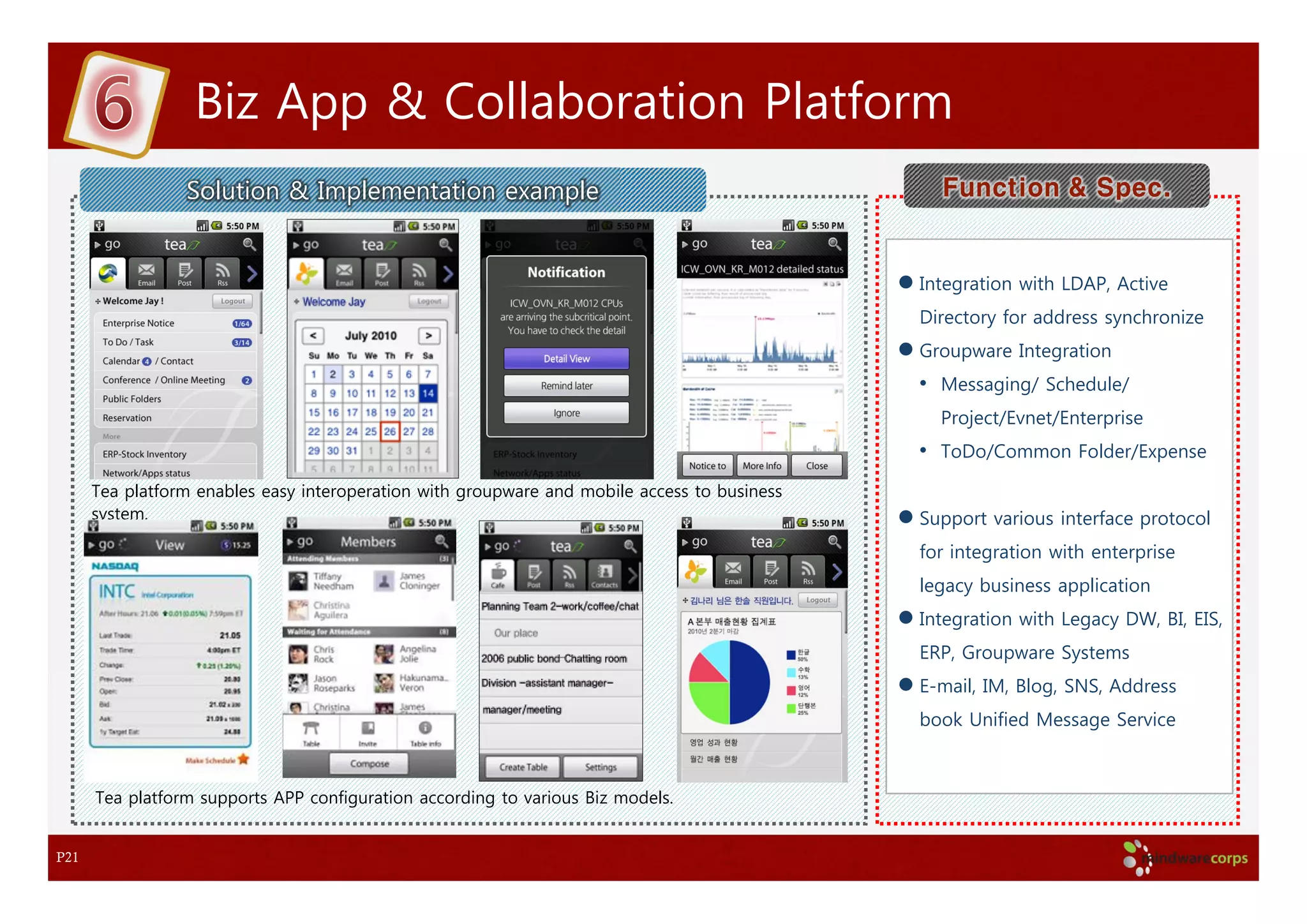 Biz App & Collaboration Platform
                 Solution & Implementation example                                              Function & Spec.


                                                                                              Integration with LDAP, Active
                                                                                              Directory for address synchronize
                                                                                              Groupware Integration
                                                                                              • Messaging/ Schedule/
                                                                                                Project/Evnet/Enterprise
                                                                                              • ToDo/Common Folder/Expense
      Tea platform enables easy interoperation with groupware and mobile access to business
      system.                                                                                 Support various interface protocol
                                                                                              for integration with enterprise
                                                                                              legacy business application
                                                                                              Integration with Legacy DW, BI, EIS,
                                                                                              ERP, Groupware Systems
                                                                                              E-mail, IM, Blog, SNS, Address
                                                                                              book Unified Message Service



      Tea platform supports APP configuration according to various Biz models.


P21
 