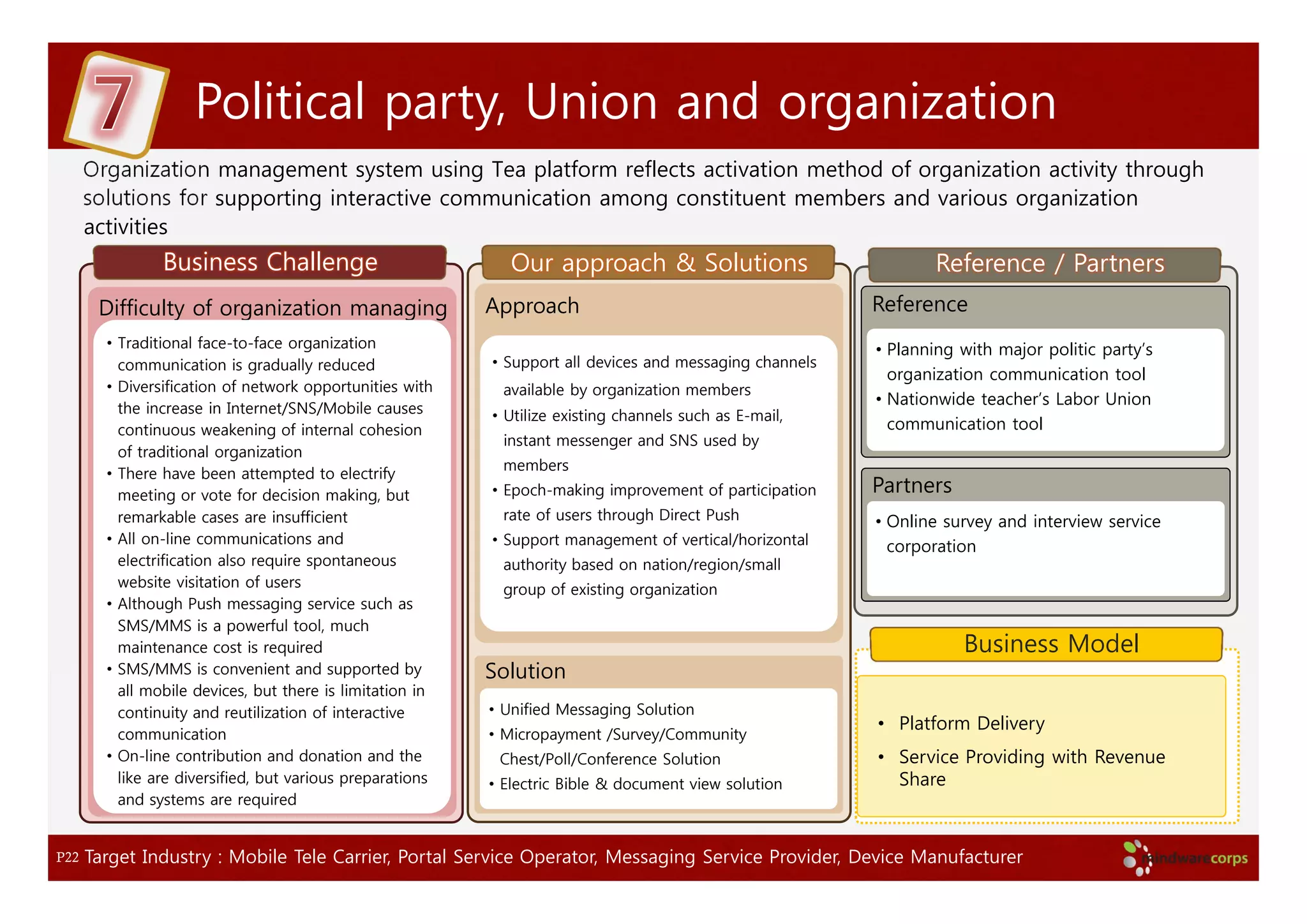 Political party, Union and organization
      Organization management system using Tea platform reflects activation method of organization activity through
      solutions for supporting interactive communication among constituent members and various organization
      activities
                Business Challenge                            Our approach & Solutions                           Reference / Partners
       Difficulty of organization managing                 Approach                                       Reference
        • Traditional face-to-face organization                                                           • Planning with major politic party’s
          communication is gradually reduced               • Support all devices and messaging channels
                                                                                                            organization communication tool
        • Diversification of network opportunities with      available by organization members
                                                                                                          • Nationwide teacher’s Labor Union
          the increase in Internet/SNS/Mobile causes       • Utilize existing channels such as E-mail,
          continuous weakening of internal cohesion                                                         communication tool
                                                             instant messenger and SNS used by
          of traditional organization
                                                             members
        • There have been attempted to electrify
          meeting or vote for decision making, but         • Epoch-making improvement of participation    Partners
          remarkable cases are insufficient                  rate of users through Direct Push            • Online survey and interview service
        • All on-line communications and                   • Support management of vertical/horizontal      corporation
          electrification also require spontaneous           authority based on nation/region/small
          website visitation of users                        group of existing organization
        • Although Push messaging service such as
          SMS/MMS is a powerful tool, much
          maintenance cost is required                                                                               Business Model
        • SMS/MMS is convenient and supported by           Solution
          all mobile devices, but there is limitation in
          continuity and reutilization of interactive      • Unified Messaging Solution
                                                                                                          • Platform Delivery
          communication                                    • Micropayment /Survey/Community
        • On-line contribution and donation and the         Chest/Poll/Conference Solution                • Service Providing with Revenue
          like are diversified, but various preparations   • Electric Bible & document view solution        Share
          and systems are required


P22   Target Industry : Mobile Tele Carrier, Portal Service Operator, Messaging Service Provider, Device Manufacturer
 