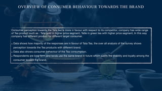 Consumer perception towards the Tata tea is more in favour with respect to its competitor, company has wide range
of Tea product such as : Tata gold in higher price segment, Tetle in green tea with higher price segment, In this way
company has different product for different target consumer.

• Data shows how majority of the responses are in favour of Tata Tea, the over all analysis of the survey shows
perception towards the Tea products with different brand. 

• Data also shows consumer behaviour of the Tea consumption.

• Respondents are long term and tends use the same brand in future which justify the stability and loyalty among the
consumer toward the brand.
OVERVIEW OF CONSUMER BEHAVIOUR TOWARDS THE BRAND
 
