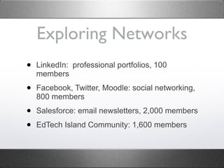 Exploring Networks LinkedIn:  professional portfolios, 100 members Facebook, Twitter, Moodle: social networking, 800 members Salesforce: email newsletters, 2,000 members EdTech Island Community: 1,600 members 