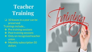 Teacher
Training
❏ 10 leaves in a year can be
preserved
Trainings include...
❖ Pre training sessions
❖ Post training sessions
❖ Only on recognised teacher
union.
❖ Monthly subscription 50
dollars
 